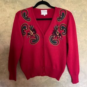 Vintage 90s Susan Bristol Paisley Embroidered Wool Blend Cardigan
